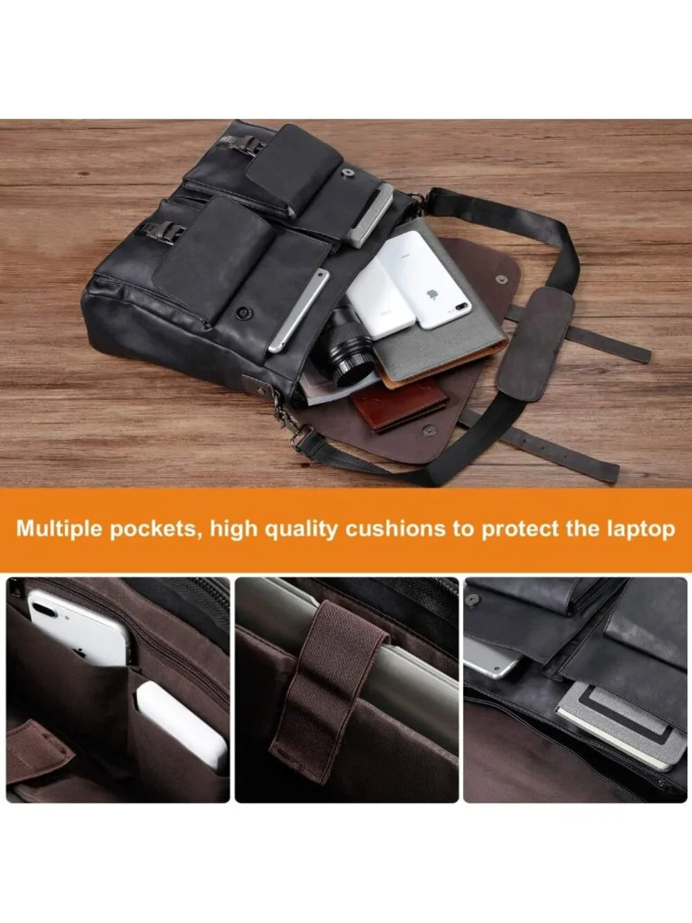 Vintage Leather Messenger Bag for Men, 15.6